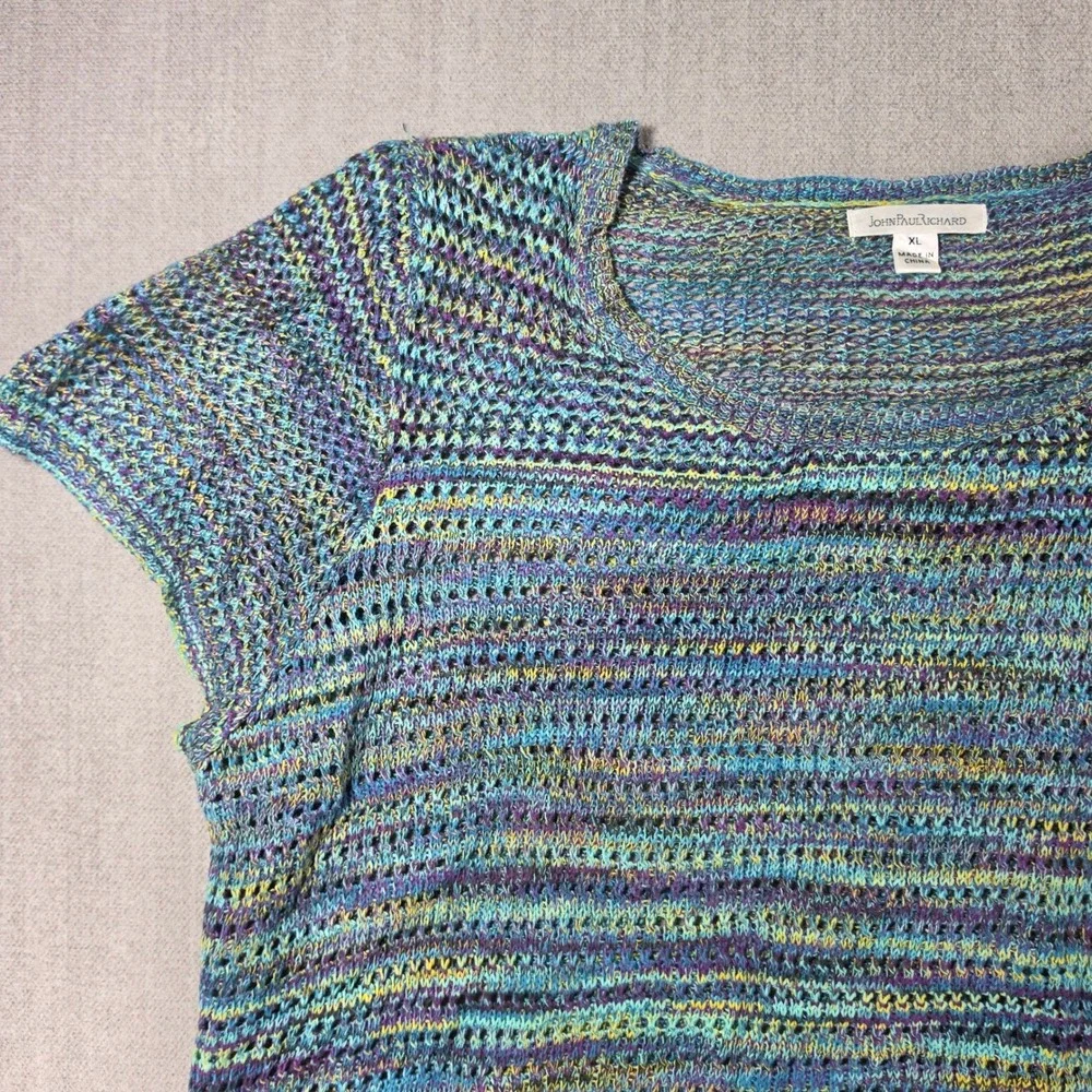 John Paul Richard Knit Top Womens XL Blue Space Dye Fringe Boho Short Sleeve